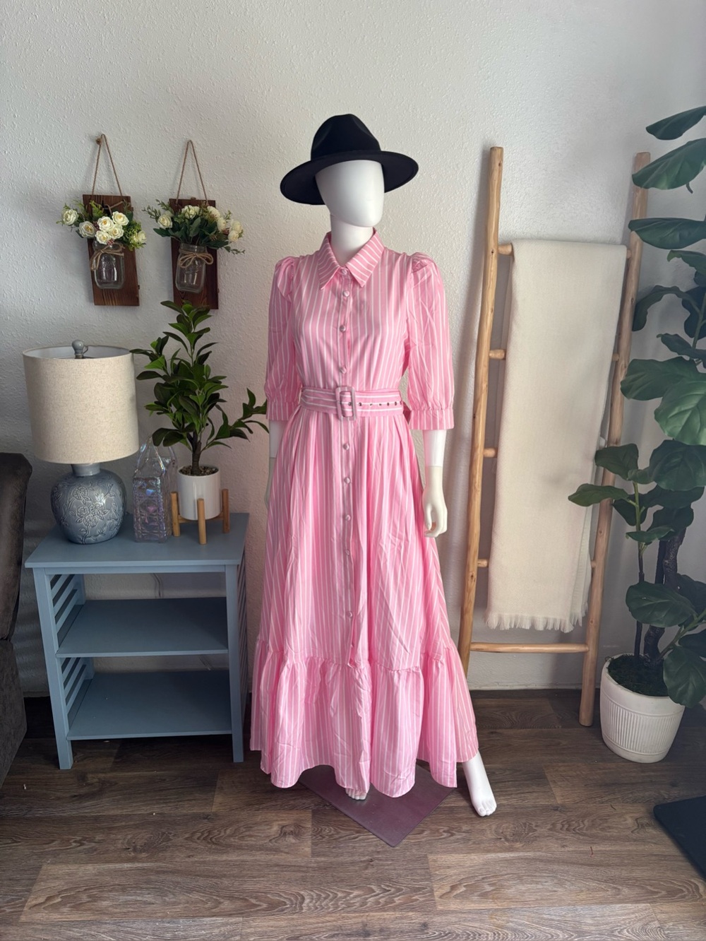 Pink Striped Button-Front Maxi Dress with Belt